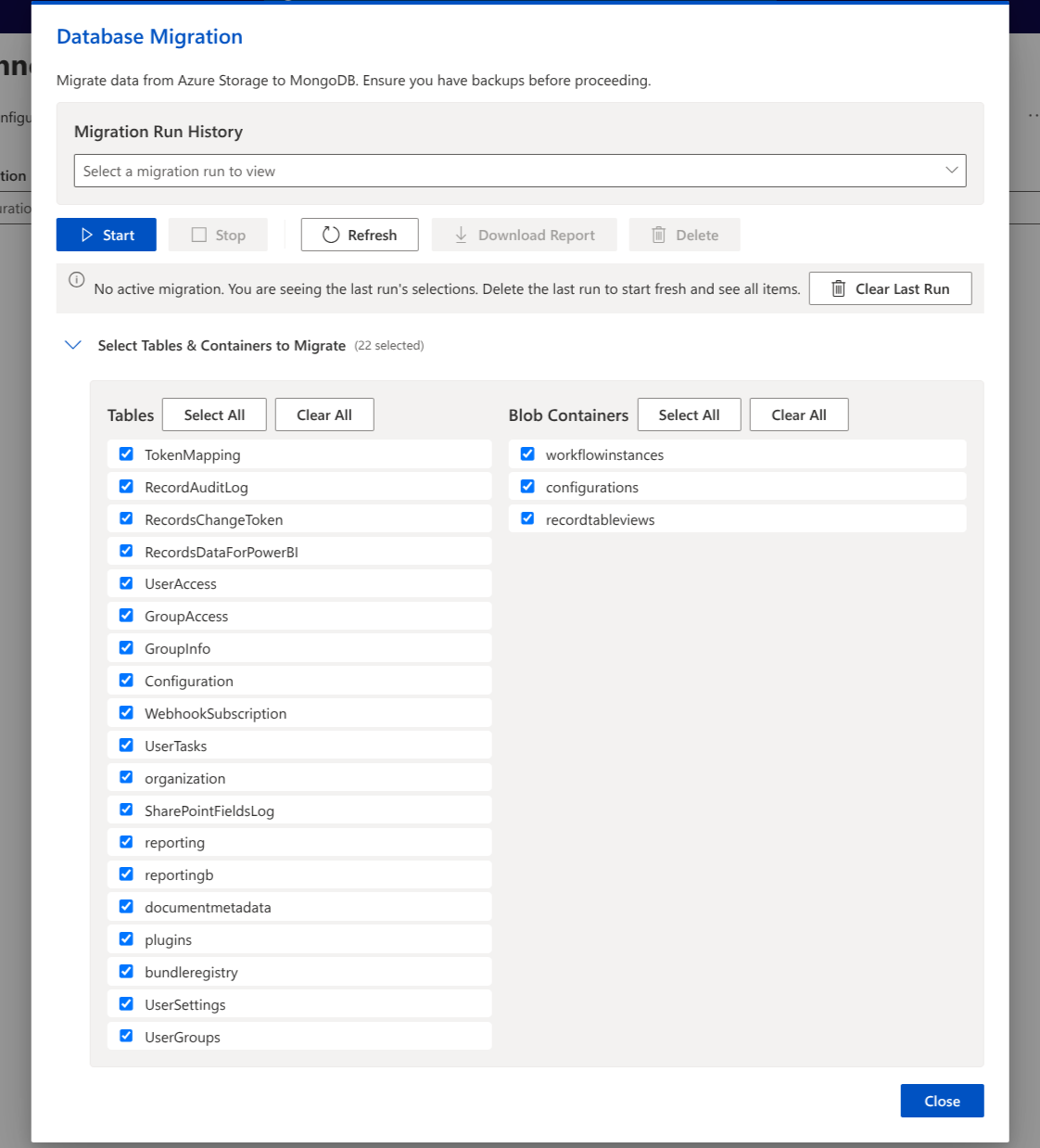 Data Migration Selection Panel